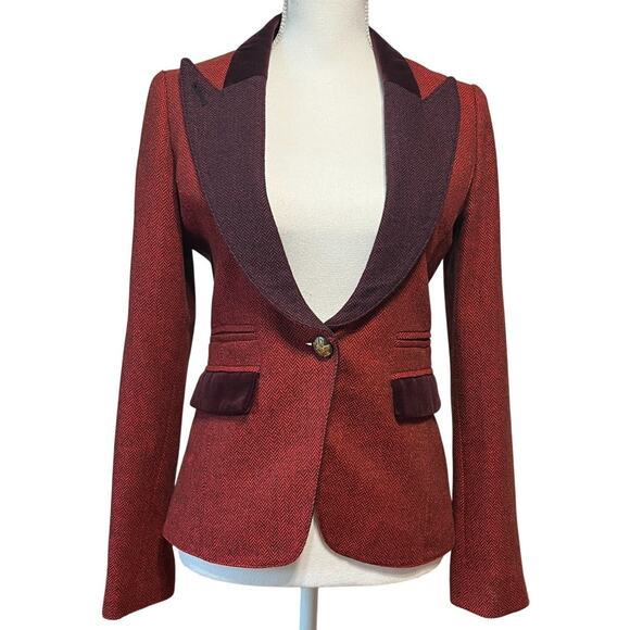 Smythe Duchess Tweed Peaked Lapel Velvet Trim Blazer Jacket Red Burgundy Size 6 - Picture 2 of 9